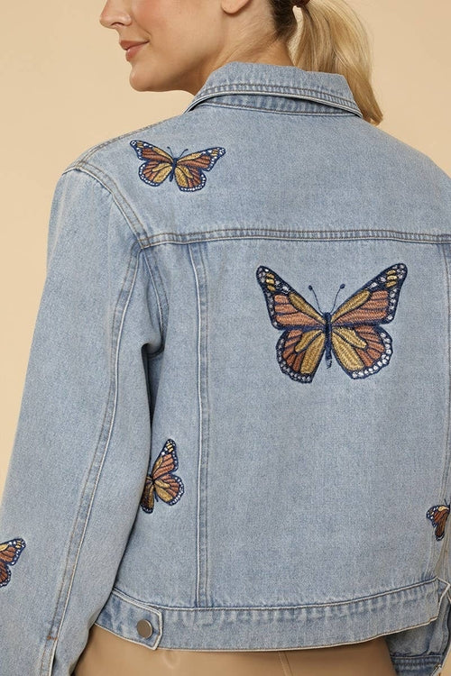 Miss Sparkling Light Blue Monarch Butterfly Embroidered Denim Jacket |