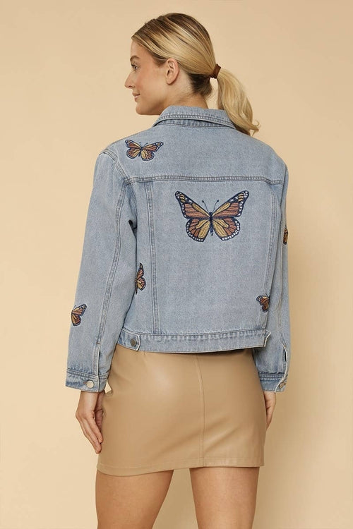 Miss Sparkling Light Blue Monarch Butterfly Embroidered Denim Jacket |