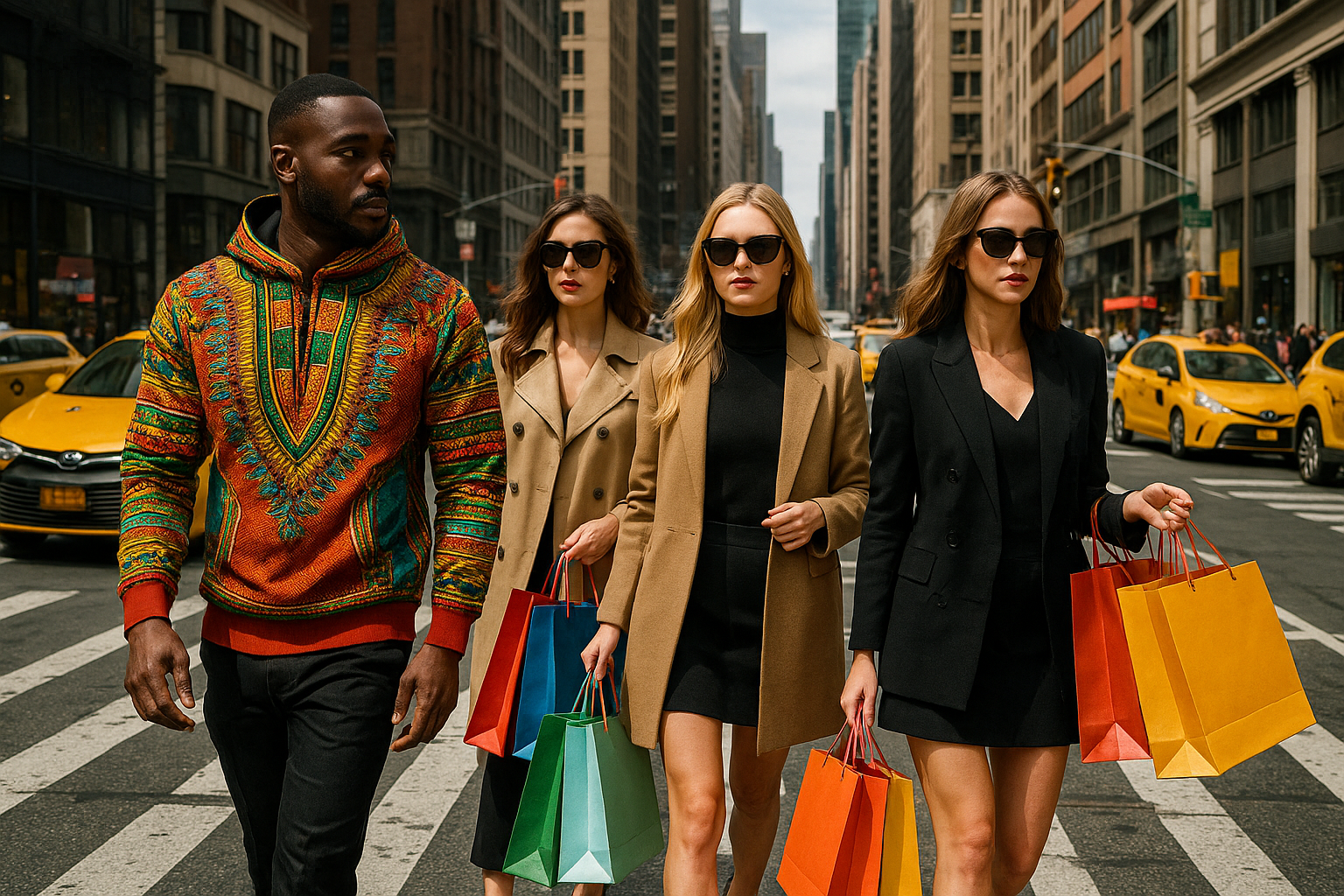 3 white ladies with clothing shopping bags and black guy in classy African print Hoody, New york styled Busy road network
