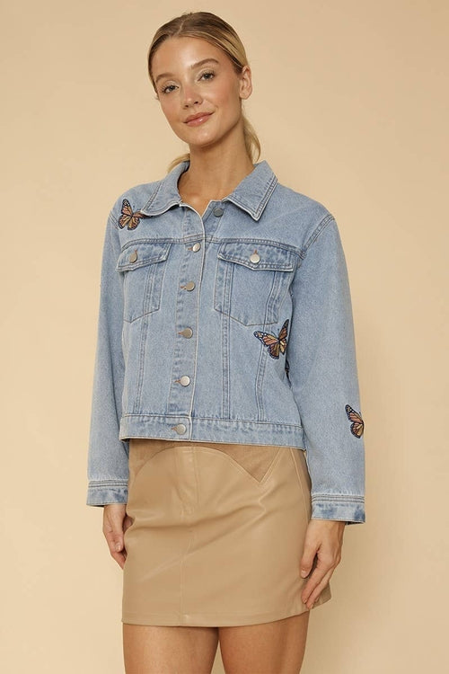 Miss Sparkling Light Blue Monarch Butterfly Embroidered Denim Jacket |