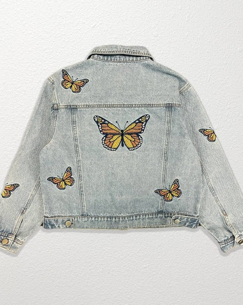 Miss Sparkling Light Blue Monarch Butterfly Embroidered Denim Jacket |