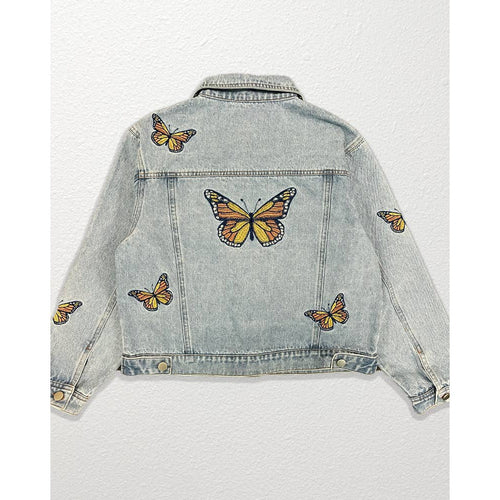 Miss Sparkling Light Blue Monarch Butterfly Embroidered Denim Jacket |