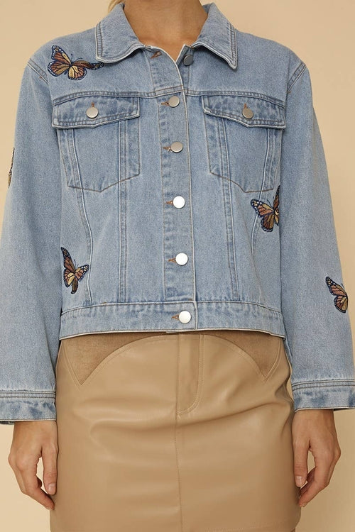 Miss Sparkling Light Blue Monarch Butterfly Embroidered Denim Jacket |